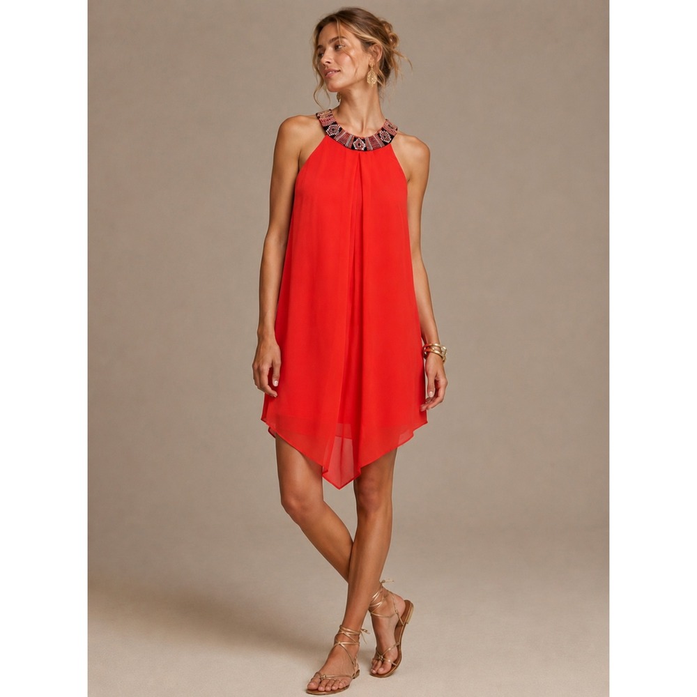 By & By Halter Mini Dress S Coral Red Embroidered Neck Boho Festival Flowy Lined